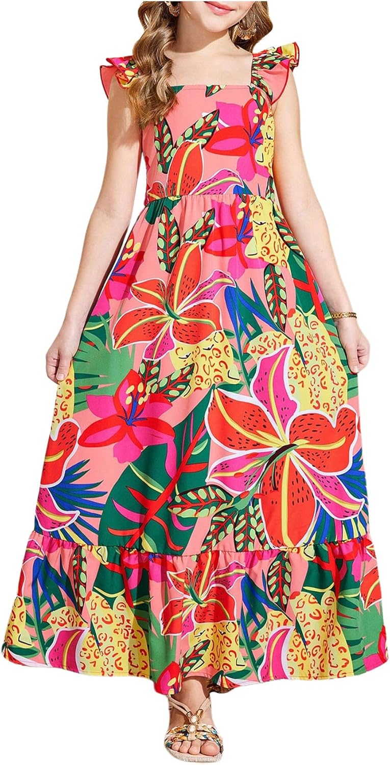 BEAUDRM Girl's Summer Maxi Dress Tropical Hawaiian Dress Floral Ruffle Flowy Dresses Vacation Beach Outfits