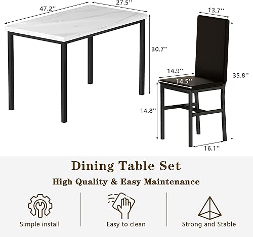 Miniatura 6 de Hooseng Juego de mesa de comedor para 4, mesa de cocina blanca y sillas para 4, moderno juego de mesa de comedor de 5 piezas con mesa de mármol