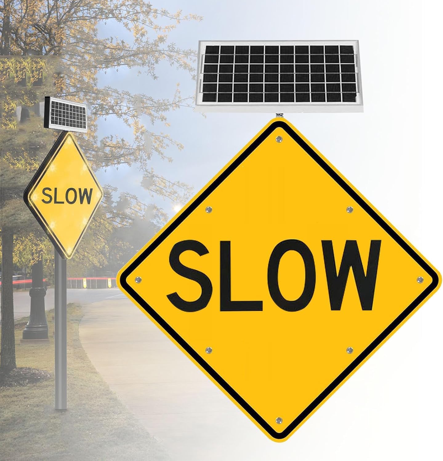 Panneau de signalisation LED clignotant solaire C avec cadre métal