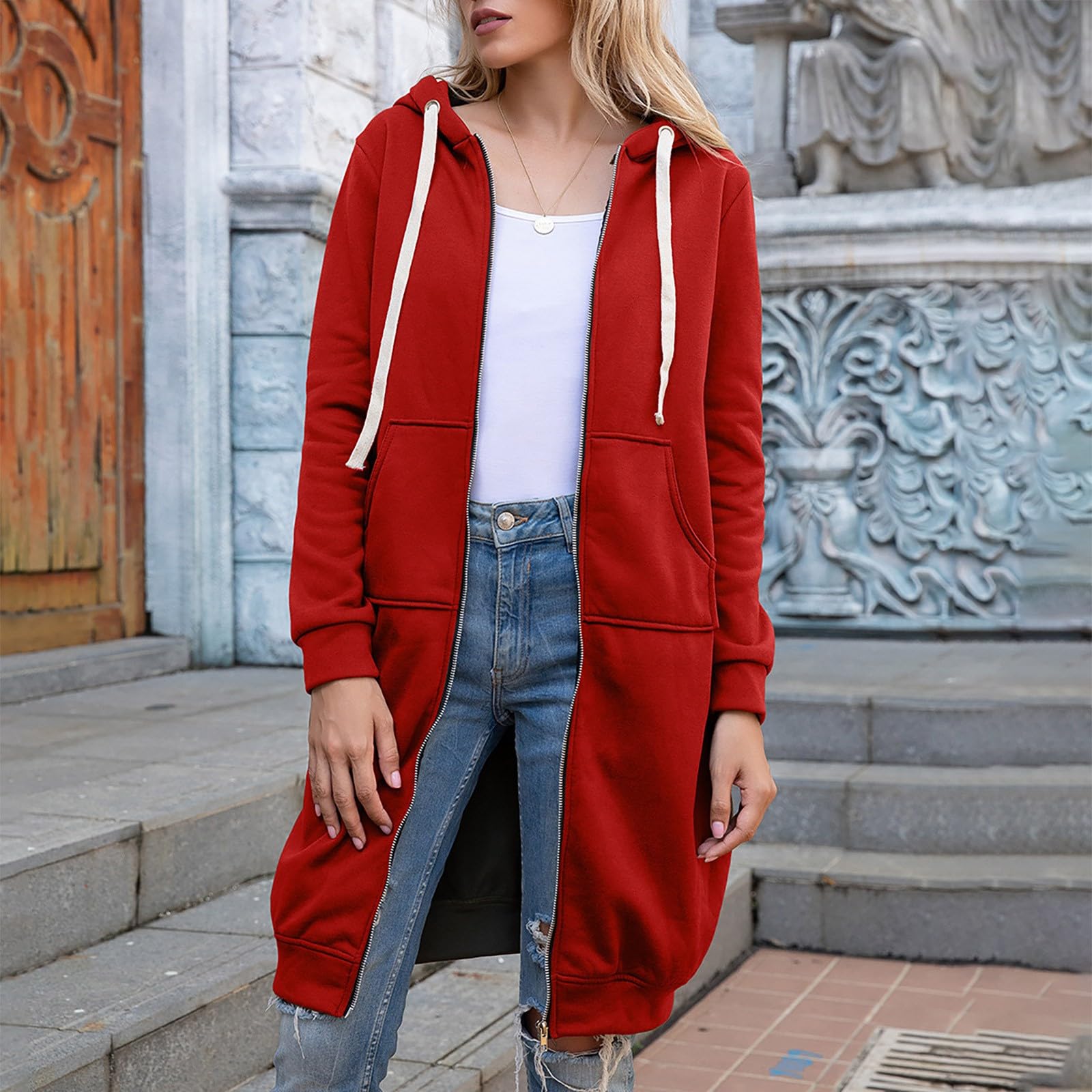 Cocila Kapuzenjacke Hoodie Oversize Sweatshirt Für Frauen Casual Einfarbig Langarm Strickjacke Mit Kapuze Mittellangen Mantel Damen Hoody Sweatjacke Baumwolle Sweatshirtjacke Pulli Dünne