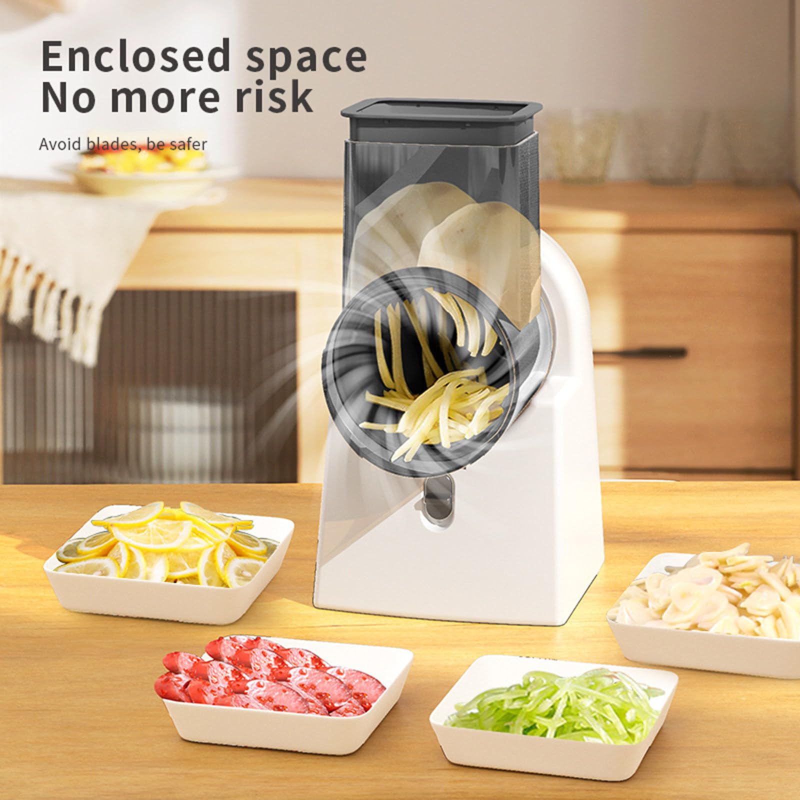 Cortadora de verduras eléctrica, rebanadora y rallador multifuncional con 3 cuchillas, cocina casera adecuada para frutas y verduras
