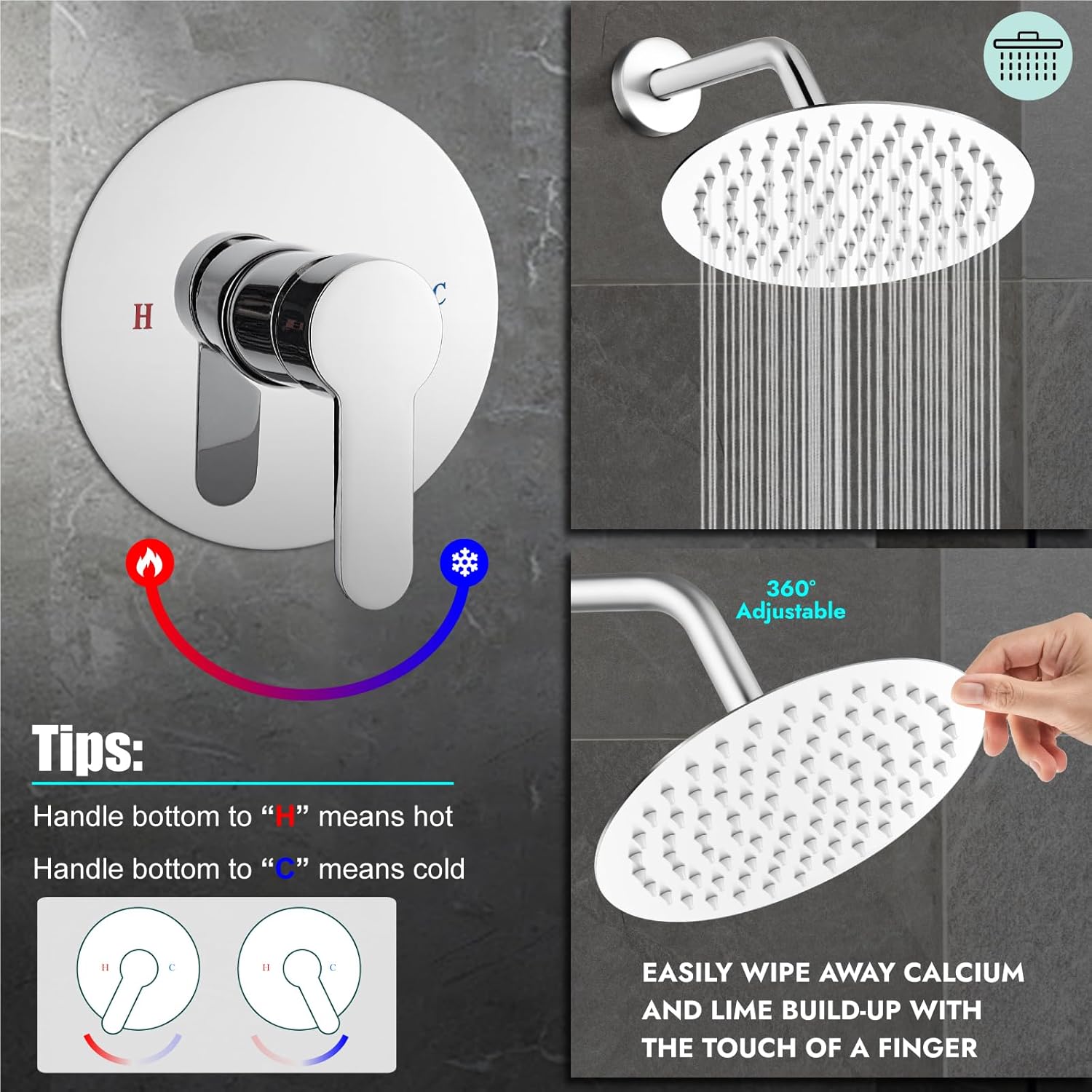 Heyalan Shower Faucet Set with Valve Kit,8 Inch Bathroom Rainfall Shower Head and Handle Set System Trim Kit,Female Thread Valve Single Function,Polished Chrome