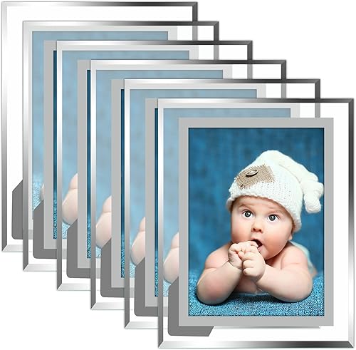 Vienrose Juego de 6 portarretratos de 4 x 6, marcos de fotos de vidrio transparente con borde plateado, pantalla horizontal o vertical para mesa,