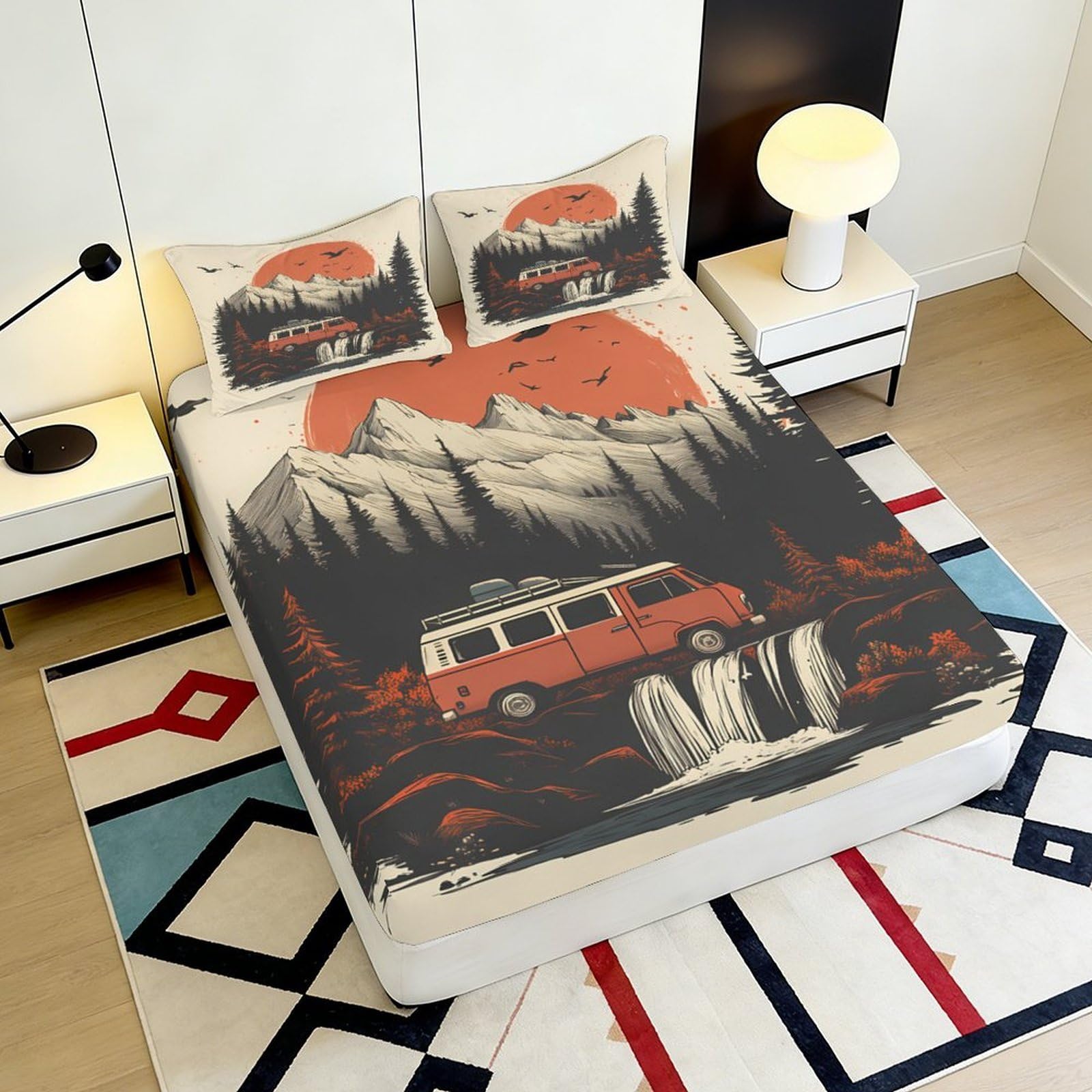 Lenzuolo con angoli, con stampa 3D, motivo camper di montagna, in microfibra, antiscivolo