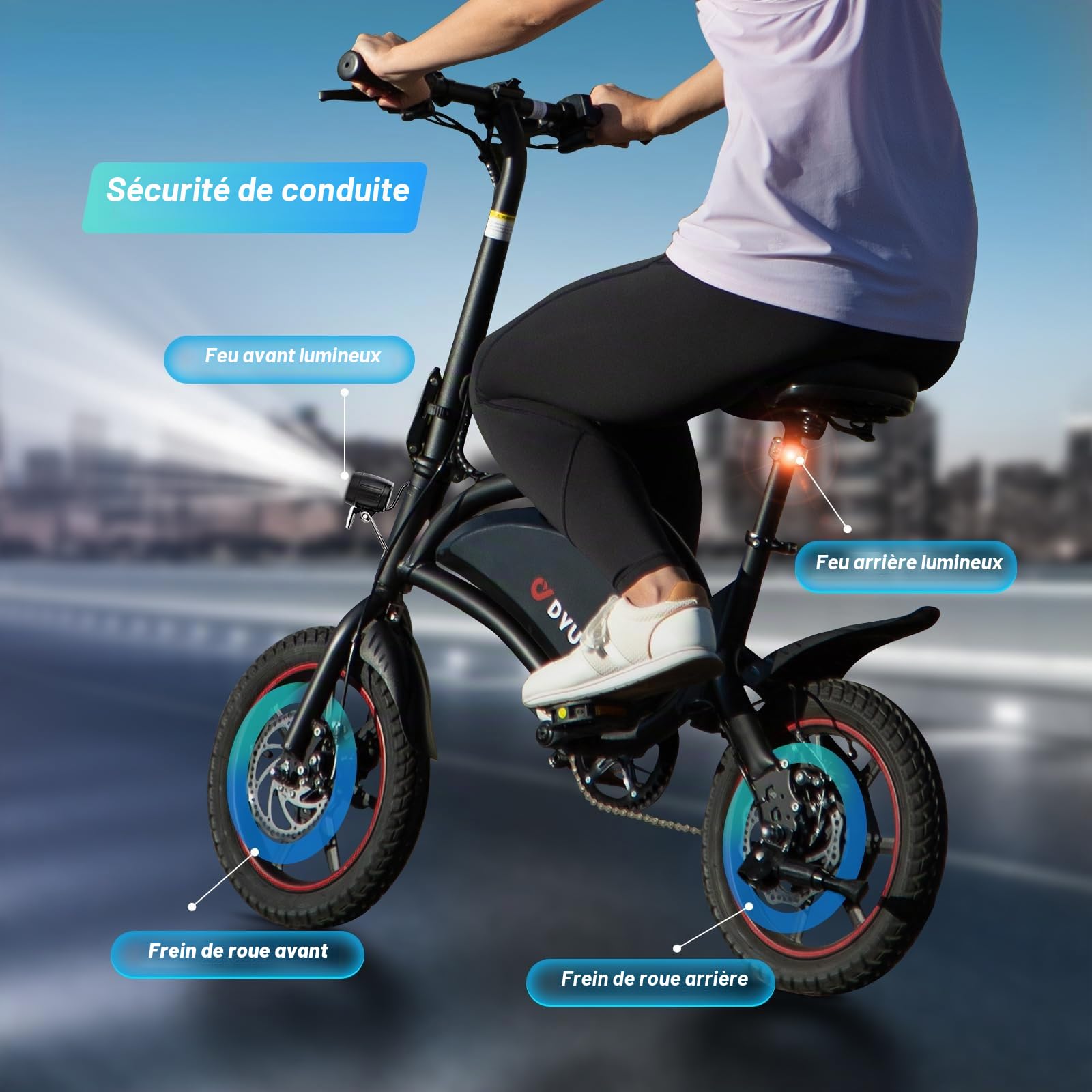 DYU D3S Vélo électrique Pliant 14" - Vitesse maximale de 25 km/h, portée de 40 km, Freins à Disque - Pliable - pour Adolescents et Adultes - Noir