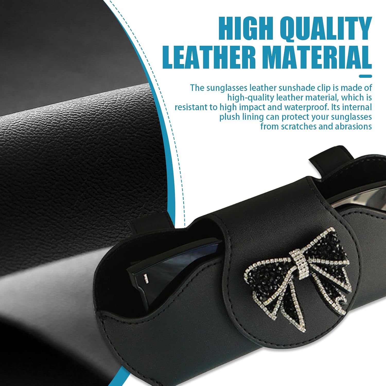 1 PC Car Sun Visor Sunglasses Box Holder, 7.09" x 3.15" with Black Diamond Bowknot Buckle Glasses Clip, Car Sunglasses Stable Storage Clip, Universal for Most Cars (Black) image 5