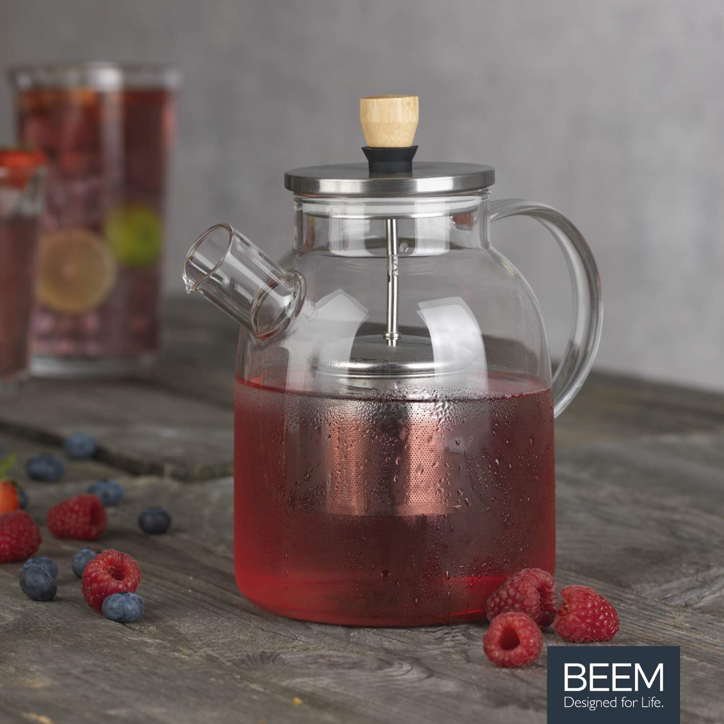 BEEM Dzbanek do herbaty szklany z sitkiem – 1,5 l | dzbanek do herbaty szklany | sitko ze stali nierdzewnej z funkcją podnoszenia | szkło odporne na wysokie temperatury | do gorącej herbaty lub