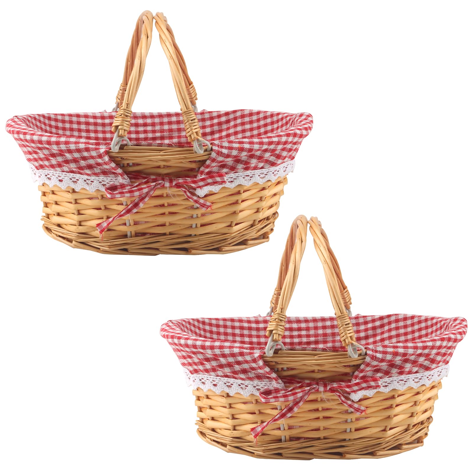 MUKCHAP 2 Pack 32 x 23 x 12cm Wicker Picnic Basket, Oval Wicker Basket with Folding Handle Lining, Woven Willow Picnic Basket Hamper for Picnics, Parties, BBQs, Honey Color