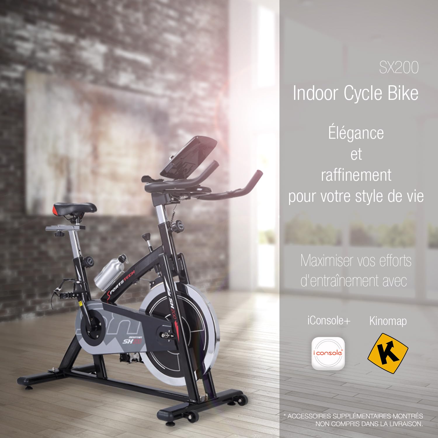 Sportstech Vélo d'appartement ergomètre SX200 avec contrôle via l'application Smartphone + Google Street View | roue d'inertie de 22 kg | capteur de fréquence cardiaque | charge maximale 125 kg