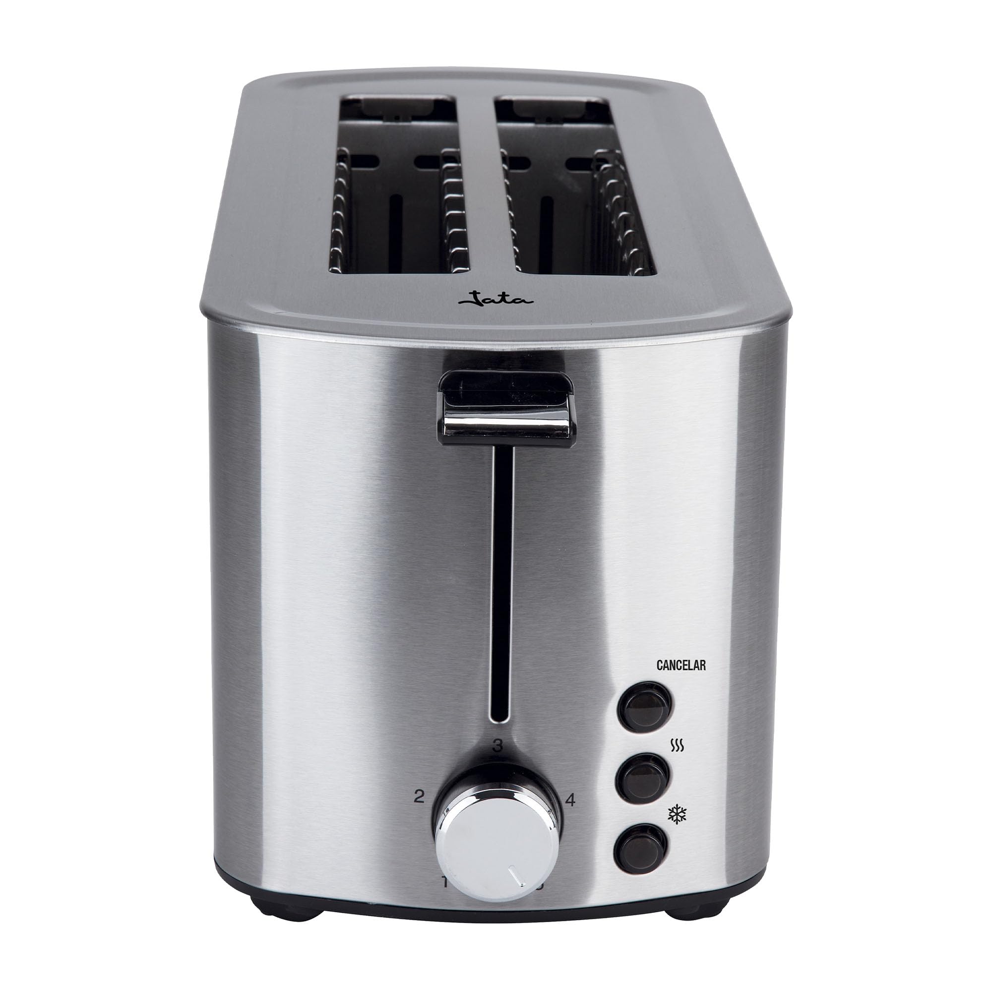 Jata TT1046 - Tostadora Inox de Ranura Larga Doble 1400W, Tostador de Pan con Descongelación y Recalentado, 5 Niveles de Tostado, Acero Inoxidable, Bandeja Recogemigas