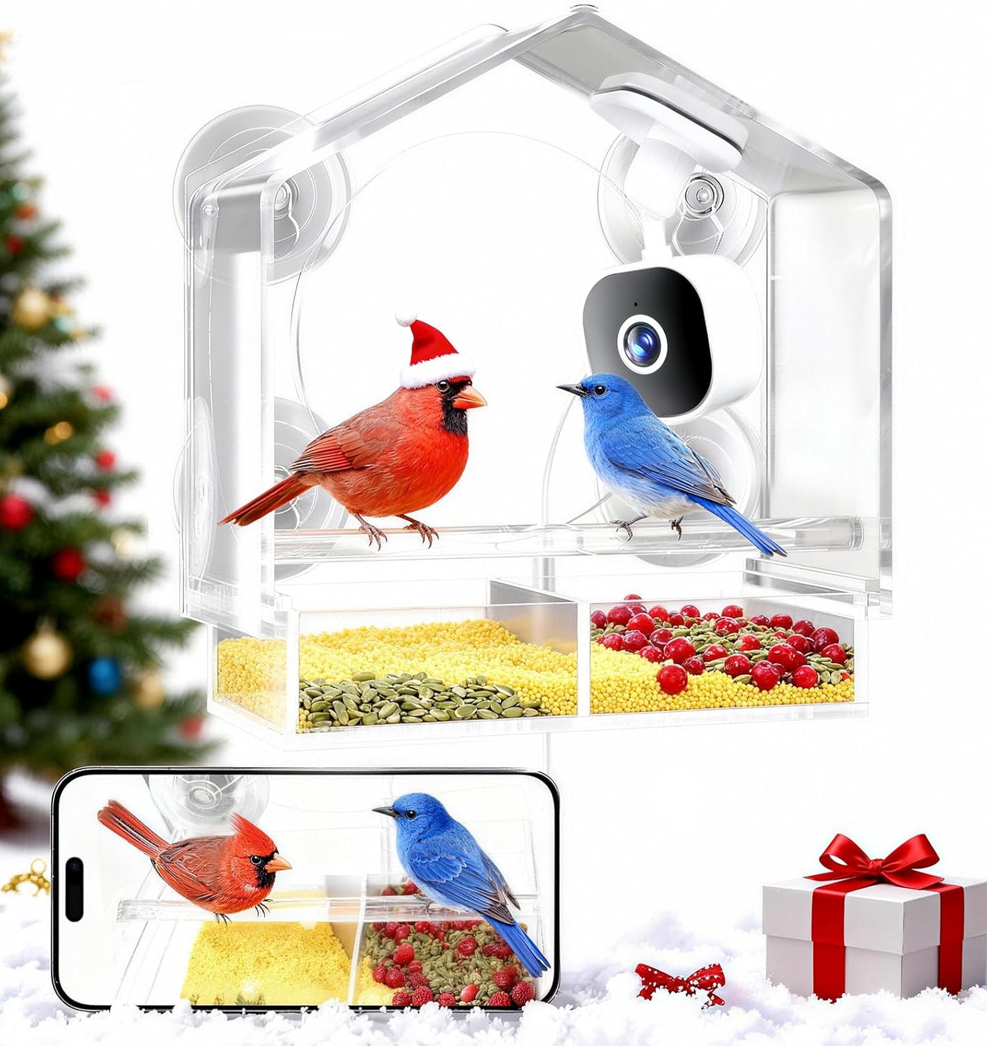 Window Bird Feeder with Camera, Window BirdFeeders with Strong Suction Cups, Birdhouse AI Bird Identifier & 2K HD Auto-Capture, Video Unique for Parents, Birding Lovers