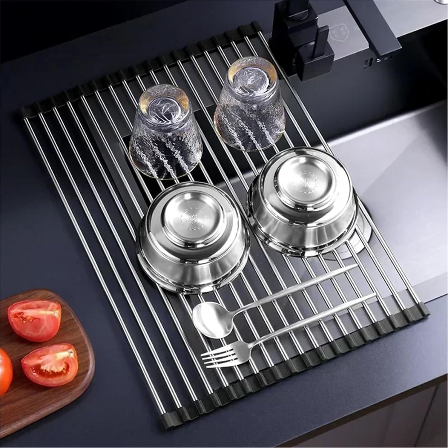 Foldable Kitchen Dish Drying Rack Stainless Steel Bowl Fruit Vegetable Dish Holder Sink Roller Organizer Basket Racks Tool(Light GreyB)