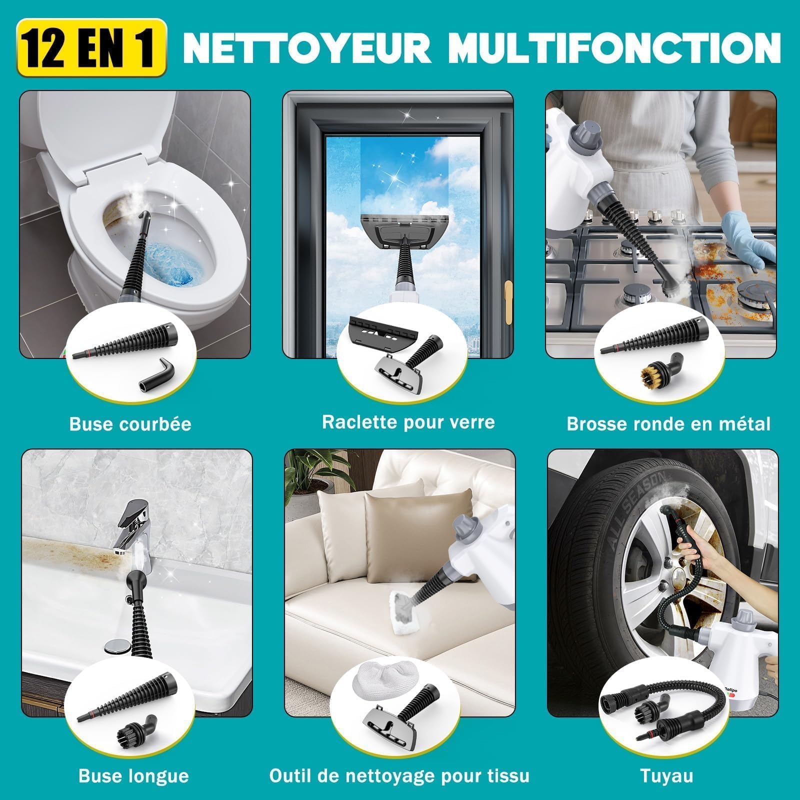 Nettoyeur Vapeur Portatif 1050W, Nettoyage Haute Température – 100% Sans Chimie Désinfection, Appareil Multifonction pour Cuisine, Salle de Bain, Voiture, Sols et Tissus