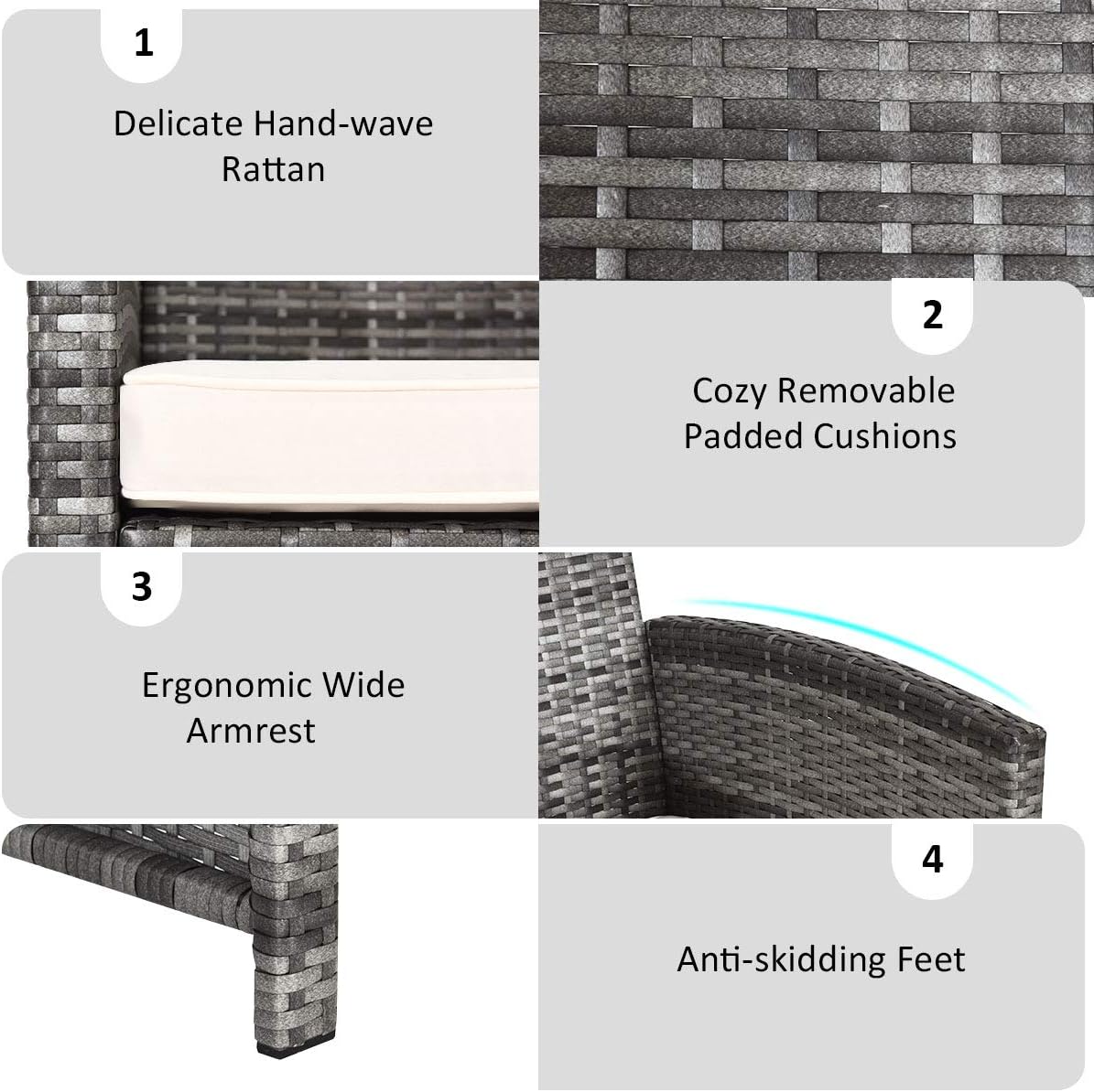 Diagram showing dimensions of the loveseat, single chair, and coffee table