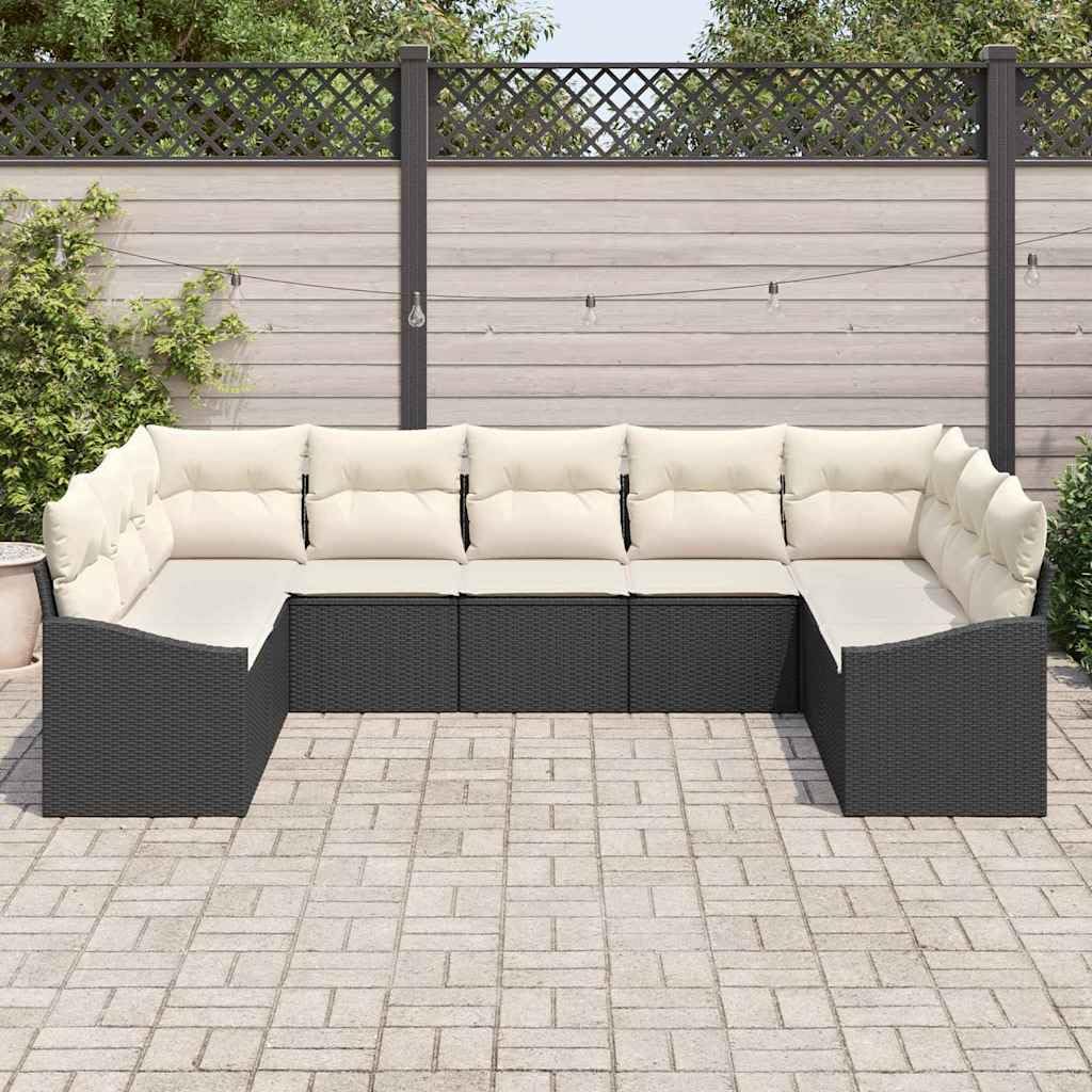 Ensemble de canapés de Jardin modulable 9 pcs Noir polyrotin, Coussins avec Fermeture éclair pour Salon extérieur terrasse Patio, détente et Repas