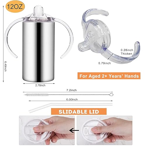 Miniatura 10 de Vasos para sorber aislados de acero inoxidable de 12 onzas con asas, paquete de 2 vasos al vacío a prueba de derrames para niños pequeños, vaso de