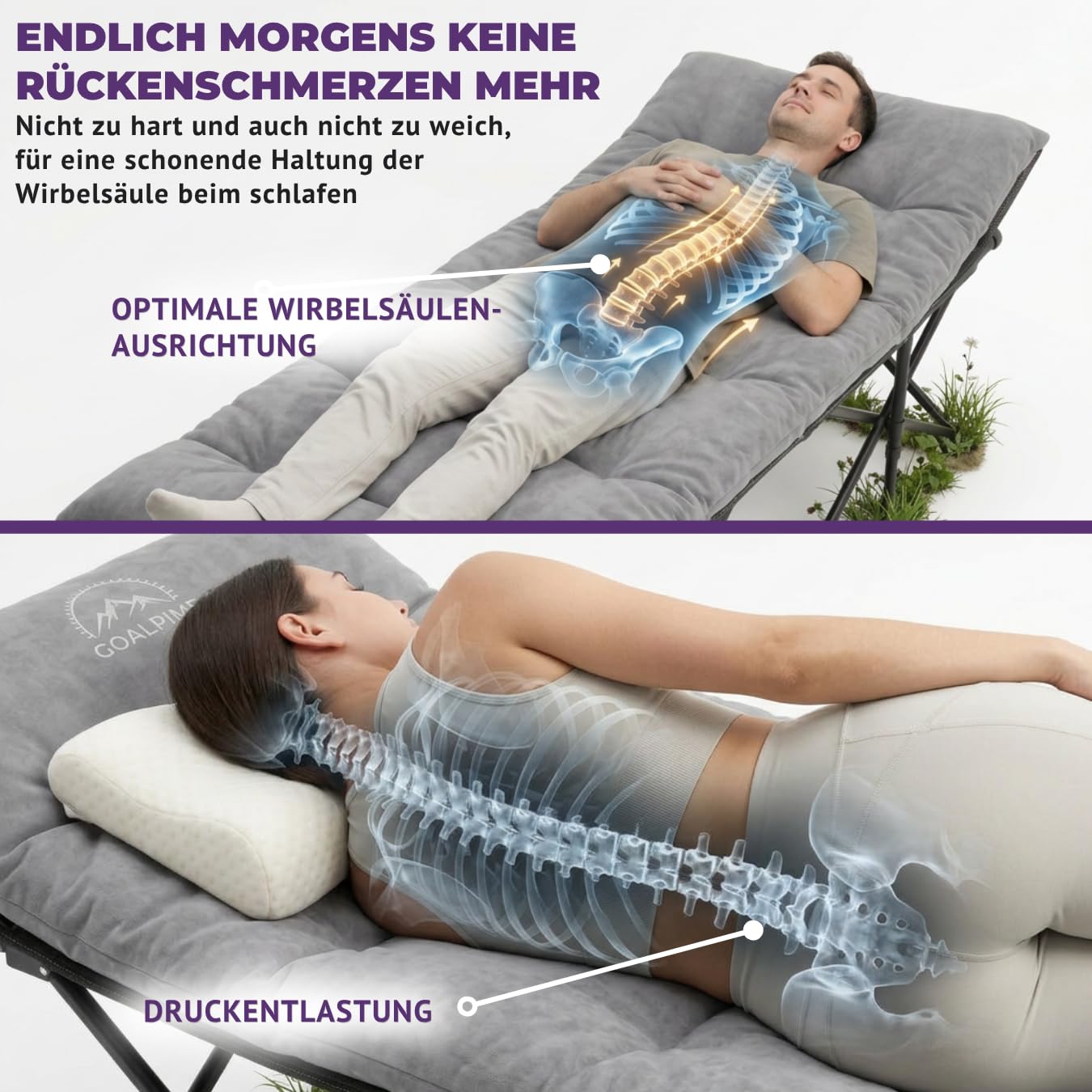 GOALPINE® OASE | Feldbett Groß mit Matratze [Wildtierleder Imitat] & Kissen | für Camping | klappbar | Campingbett XXL | als Gästebett und im Garten nutzbar | 1 Person bis zu 200 kg | extra breit
