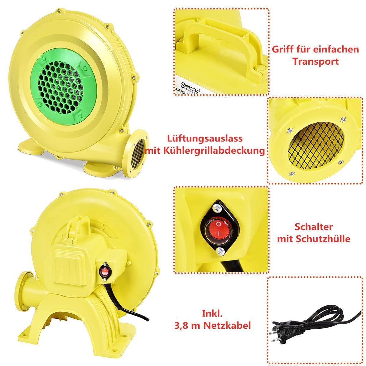 RELAX4LIFE Soplador de Aire 350/450/680 W, 220-240 V, Soplador Eléctrico con Gran Base, Ventilador Eléctrico con Cable de Alimentación 380cm para Castillo Hinchable (580 m³/h, 1500 Pa 350 W)