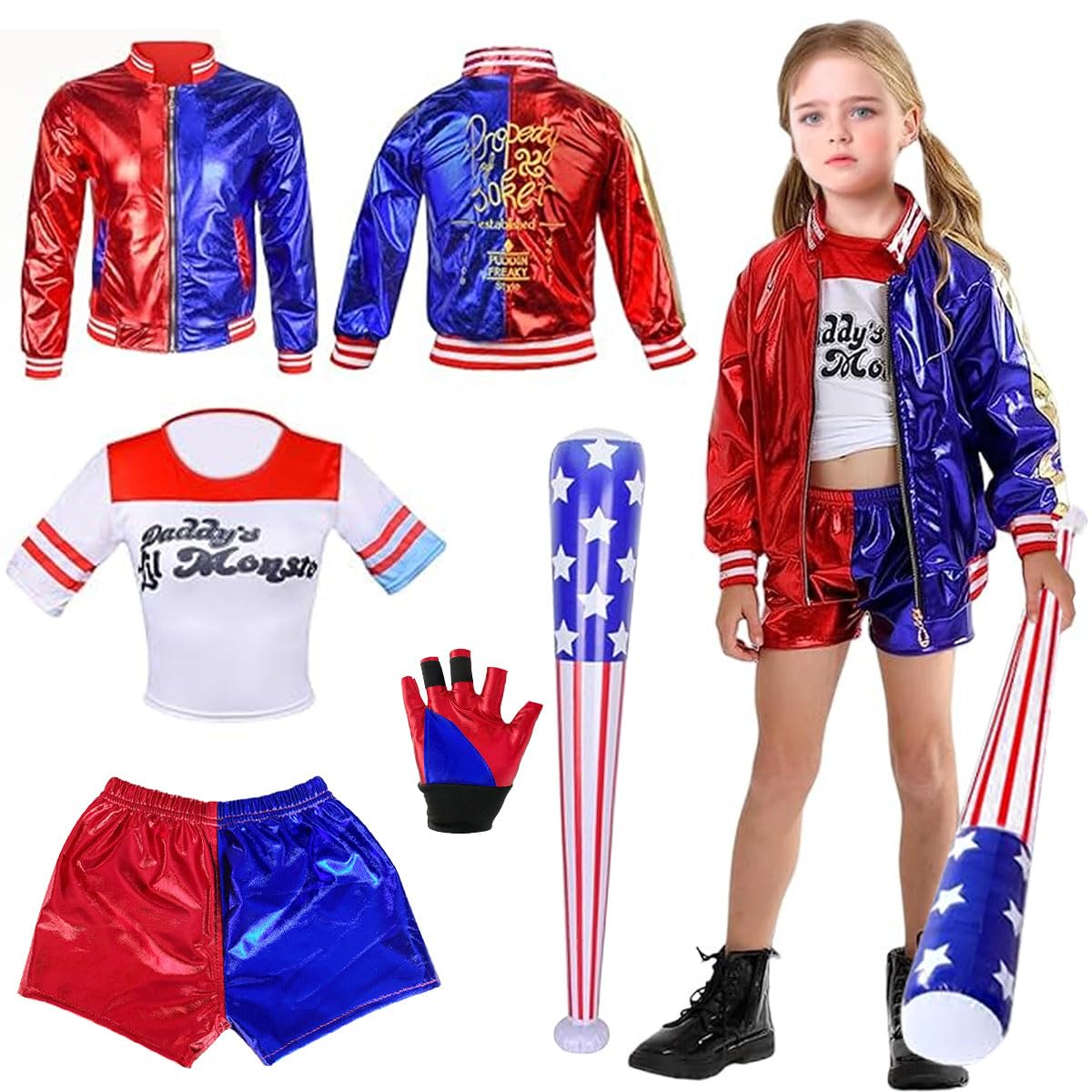 LGZIN Disfraz de Quinn para Niñas, Cosplay Quinn Disfraz, Disfraz de Cosplay Quinn Niñas con Chaqueta, Camiseta, Pantalones Cortos, Guante, Quinn Disfraz de Payaso para Halloween Navidad Carnaval