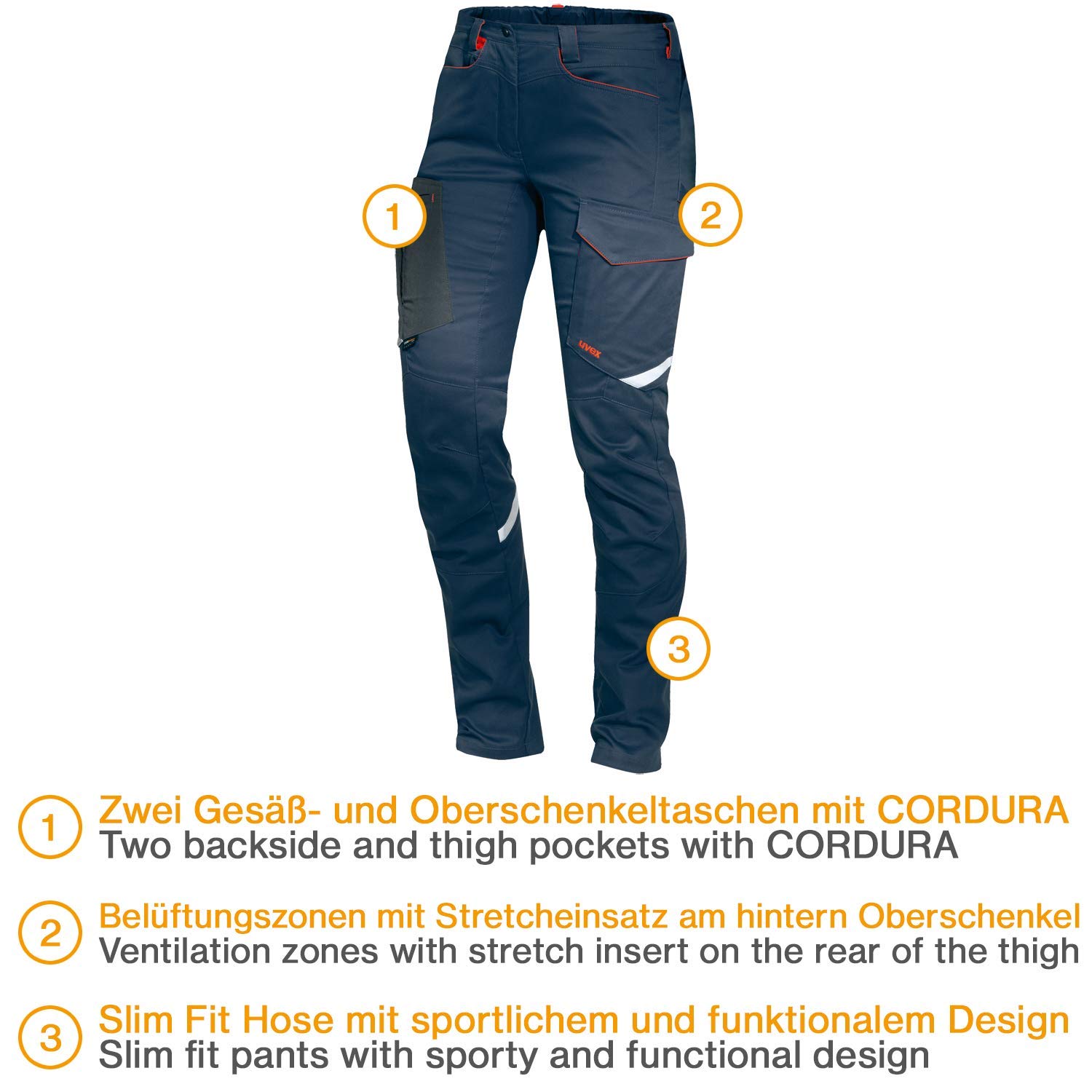 Uvex Suxxeed granatowe damskie spodnie robocze, krój slim fit