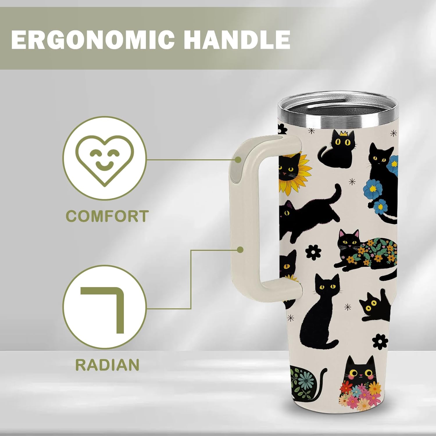 Cat Gifts for Women - Funny 30oz Cat Tumbler with Handle and Straws Stainless Steel Insulated Travel Coffee Mugs, Leak-Proof Black Cat Themed Cups for Cats Lovers Birthday Christmas Gifts Water Cup - Image 4