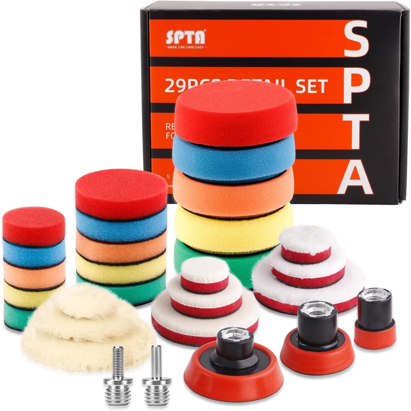 SPTA 29pcs 25mm/50mm/80mm Polishing Pads Drill Buffing Pad Detail Polishing Pad Compound Kit with M14 Thread Backing pad & Adapters for Car Sanding, Polishing, Waxing, Sealing Glaze