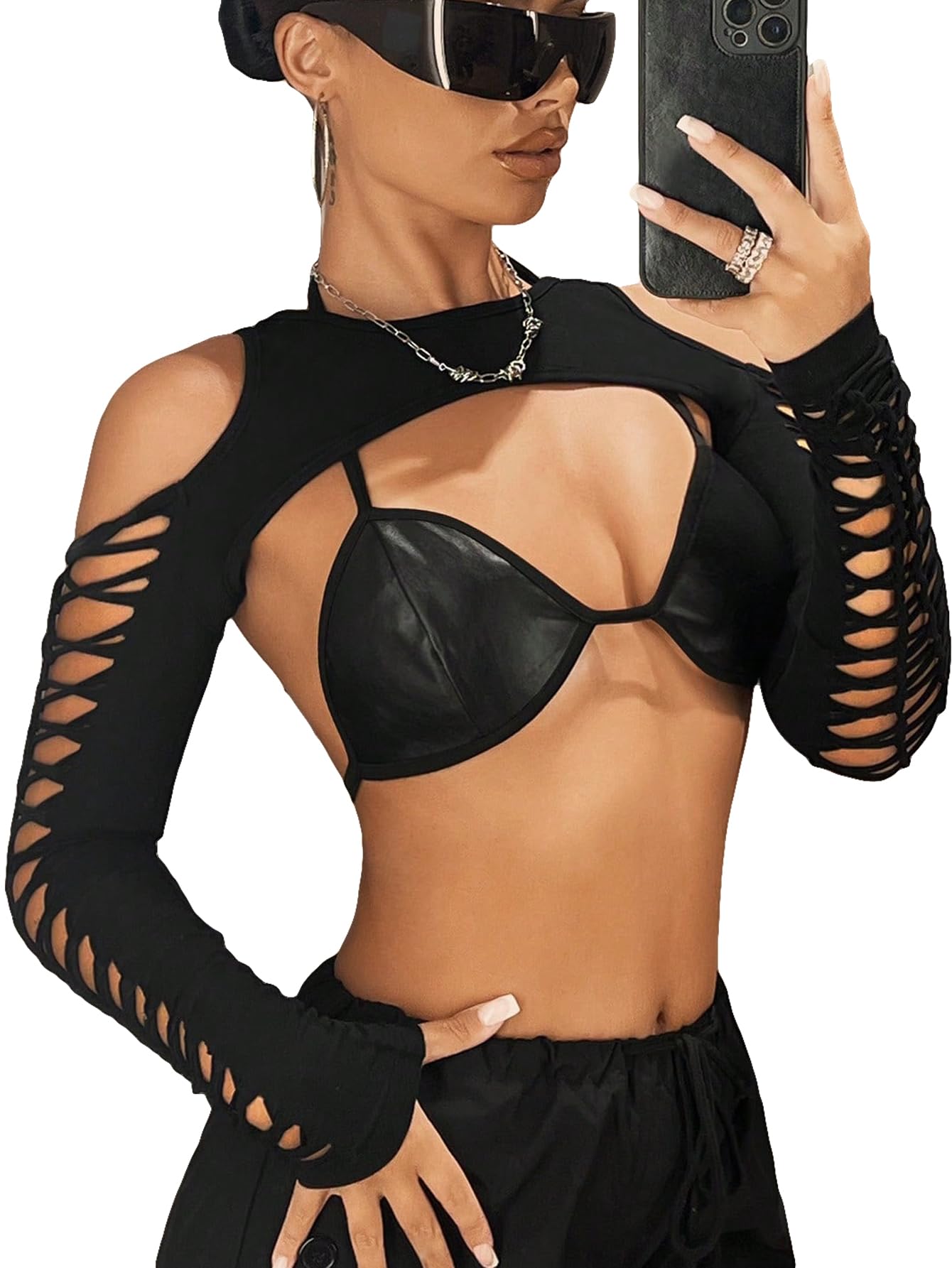 GORGLITTER Women's Cut Out Super Crop Top Bolero Long Sleeve Crew Neck T Shirt Shrug Tops