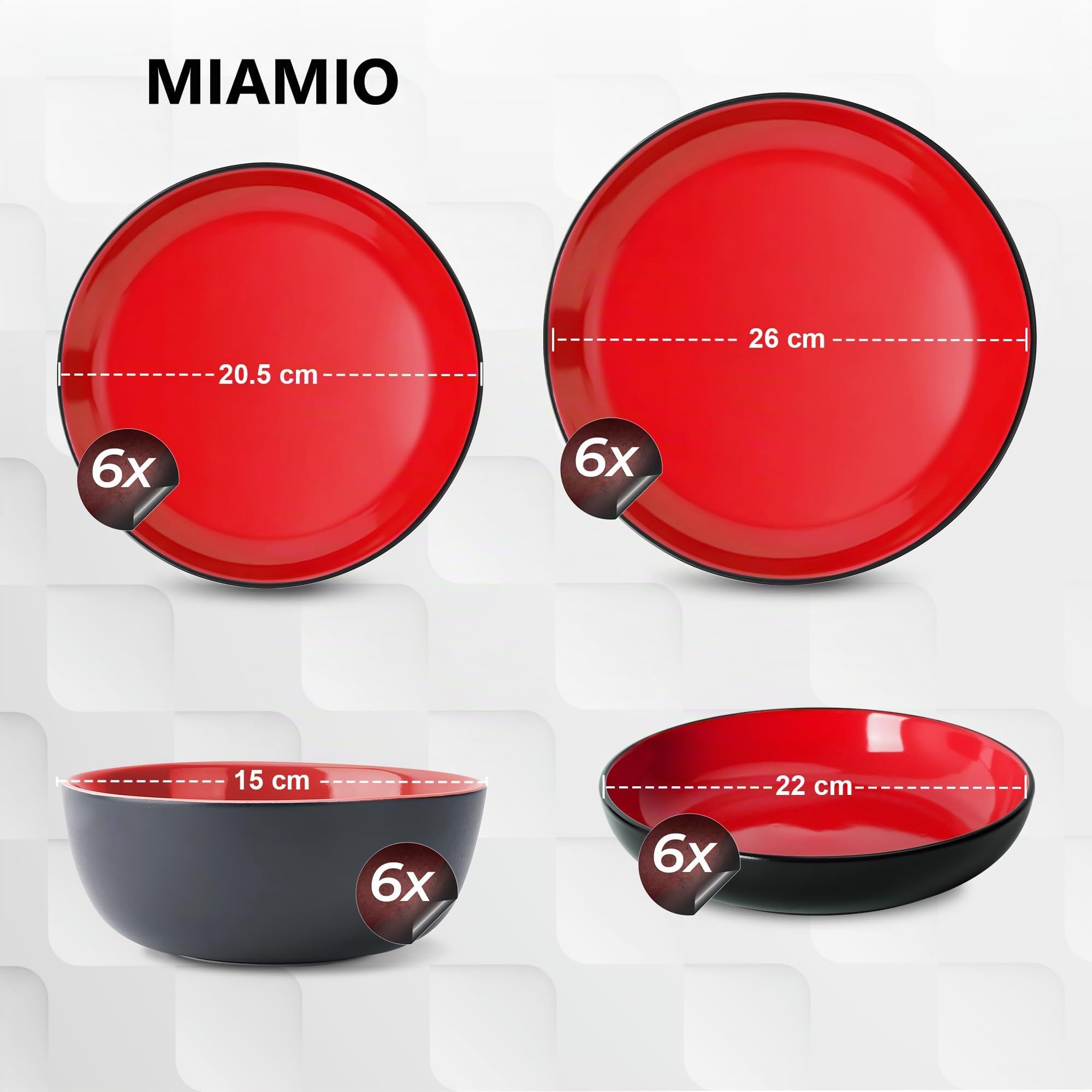 MIAMIO - Geschirrset/Tafelservice Keramik (24-teilig) - Le Papillon (Rot)