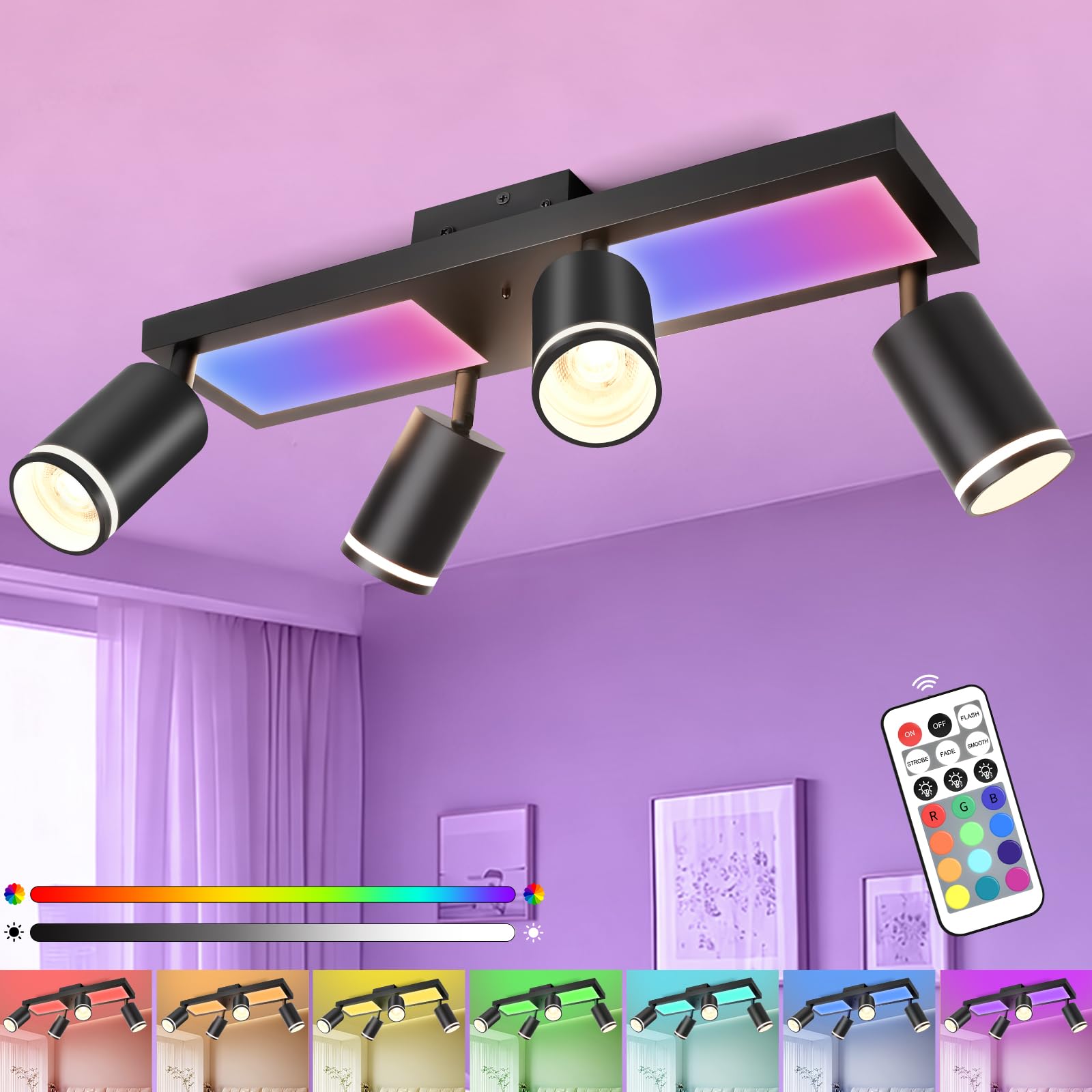 YindaLux Lámpara Techo Focos Giratorios GU10, RGB 30W 3600LM Foco de Techo con Mando a Distancia, Negro Plafón de con 4 Focos con Luz Inferior 10W+4x5W GU10 para Salon