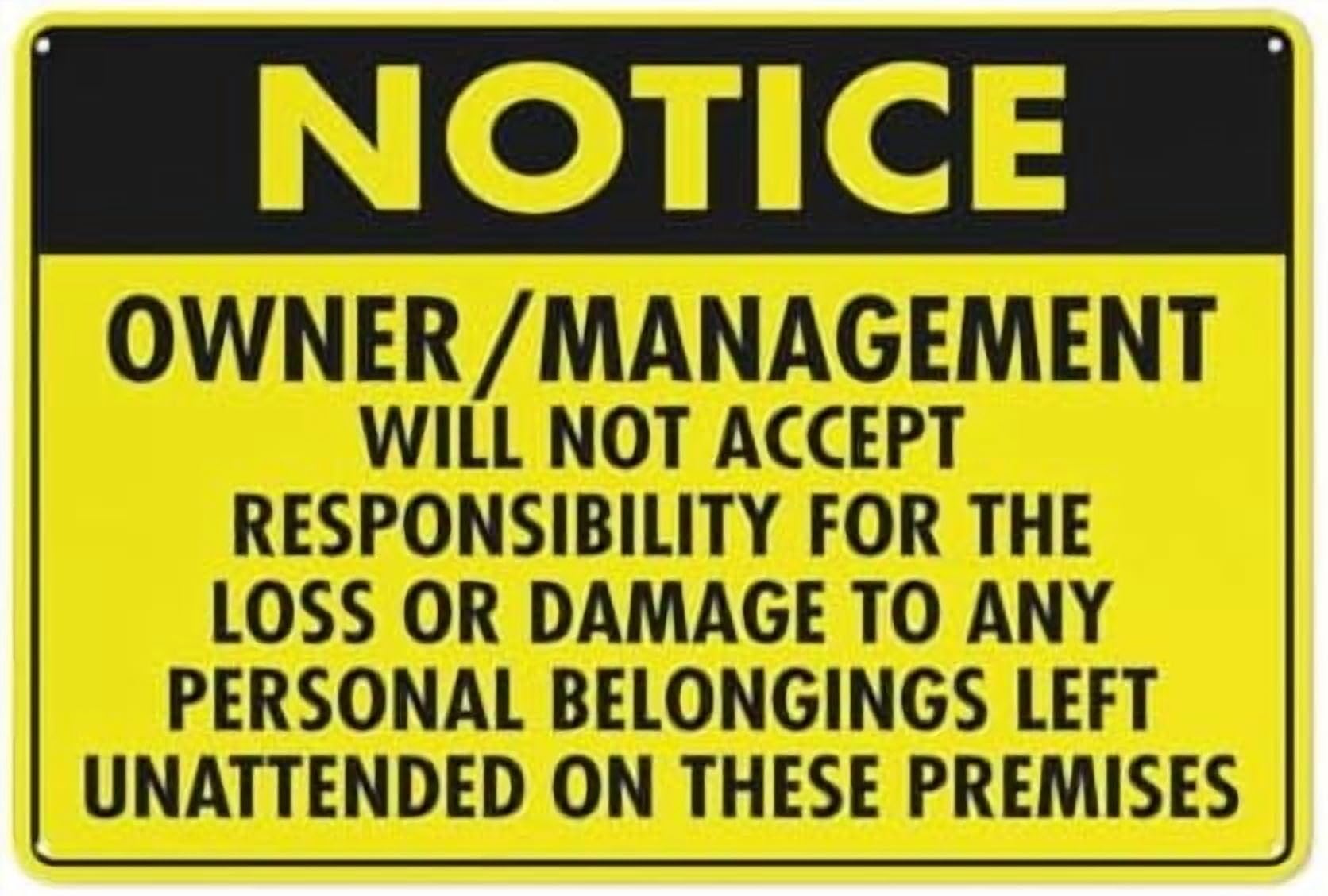 (2-Pack) Metal Tin Sign Notice Owner Management Will Not Accept Responsibility Sign Outdoor Sign - 12 X 8 Signs For Business,Workplace,Delivery Road Garden Signs