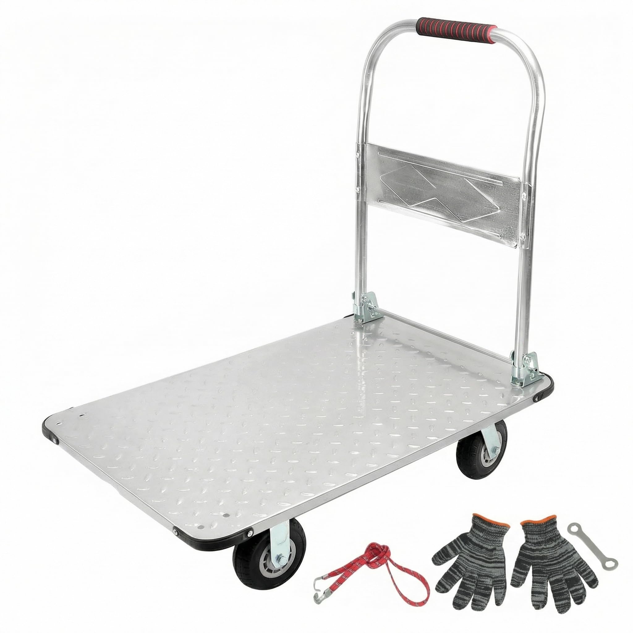 QWORK® Carro de Plataforma Plegable Robusto, con Capacidad de Carga de 1100 kg, 90 x 60 cm y neumáticos de Goma silenciosos, Carro de Transporte de Acero para Trabajo Pesado