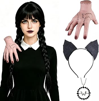 Wednesday Addams Wig with Single Hand Necklace and Headband Long Black Braided Wig with Bangs Halloween