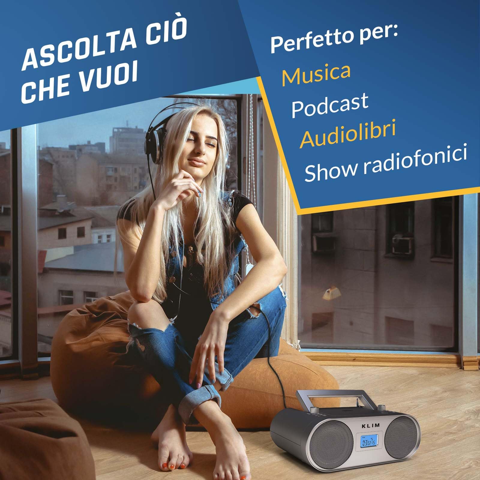 Boombox B4 Lettore CD Stereo, Bluetooth, AUX, AM FM Radio con e USB | Filo o Wireless, Batteria Ricaricabile, Telecomando, Standby Automatico, Eq Digitale, Non Fermare la Musica - Argento
