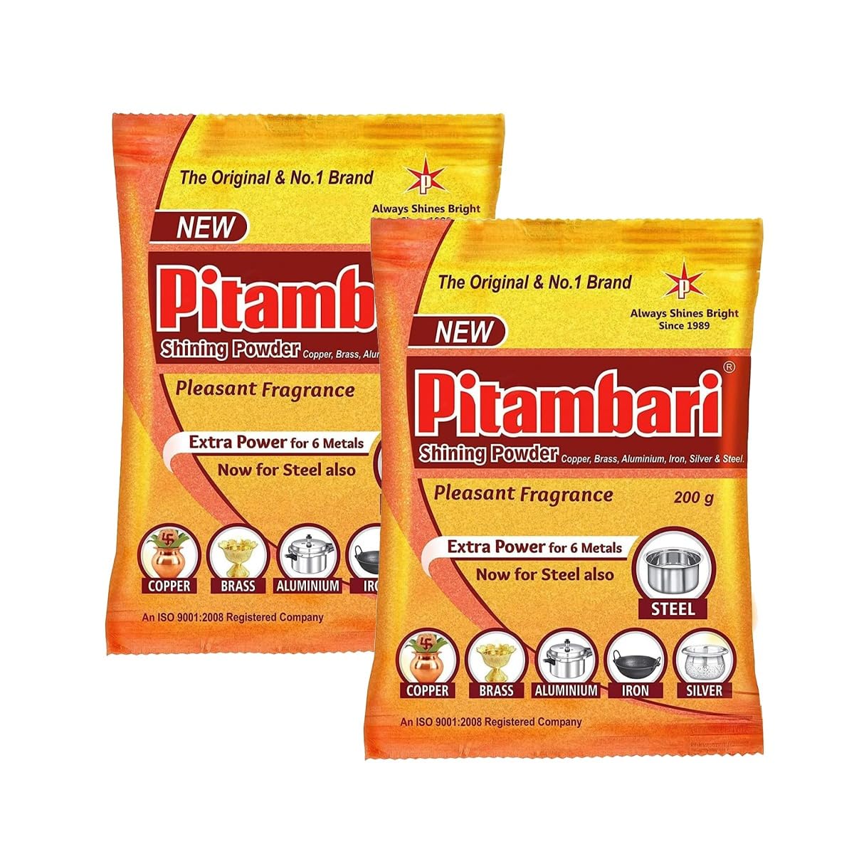 Pitambari Shining Powder For Six Metals Copper,Brass,Aluminium,Iron,Silver,Steel Always Shine Bright Cleaning Agent 200G Pack Of 2