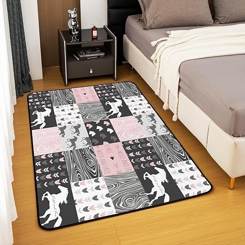 Miniatura 3 de Alfombra de unicornio para niñas, de 5 x 7 pies, para dormitorio, alfombra antideslizante de caballo blanco femenino, alfombra de vaquero