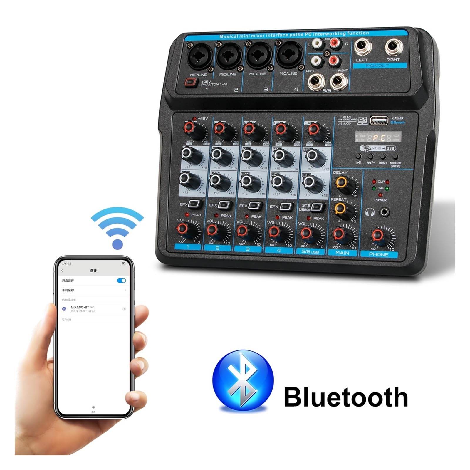 Consola Mezcladora Portátil, Mezclador De Audio, Interfaz De Controlador De Sonido USB For DJ De 4/6 Canales For Streaming De Grabación De Juegos De PC Ampliamente Aplicable(6 Channel)