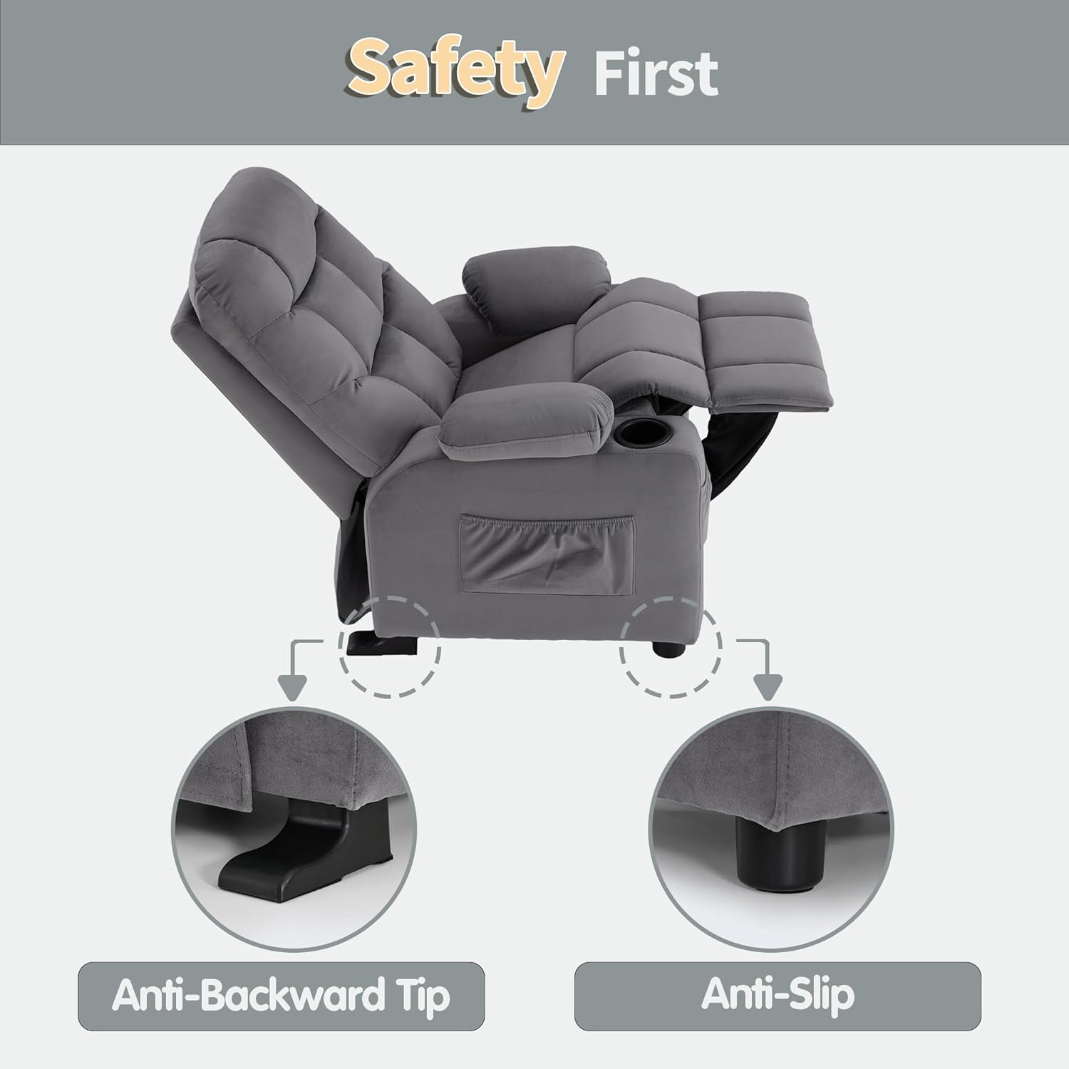 MCombo Big Kids Recliner for Ages 3+, Child Reclining Chair, Toddlers Recliner Sofa with Cup Holders (Velvet, Dark Grey)
