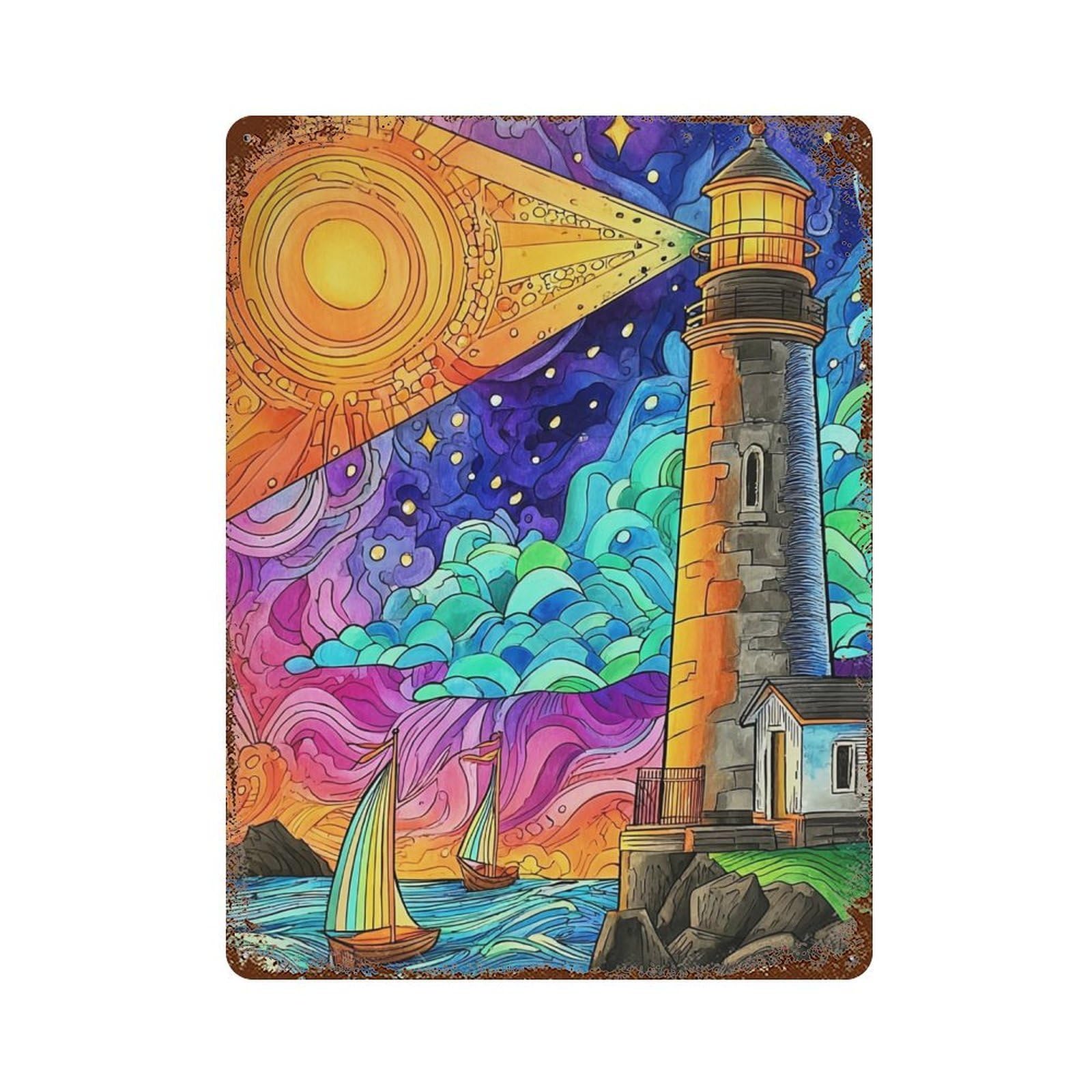 Colorful Lighthouse Serenity Decorative Tin Sign 15.7"x11.8", Shabby Chic Decor for Garage, Pub Or Kitchen