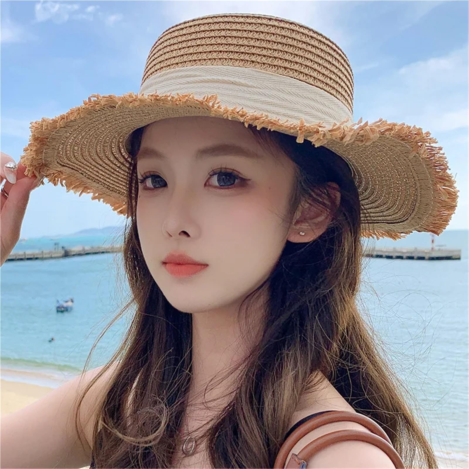 Sombrero Paja Verano Pajarita Correa Sombrero de Paja Mujer al Aire Libre ala Ancha Sol Playa Vacaciones protección UV Mujeres densas | 1-Khaki White