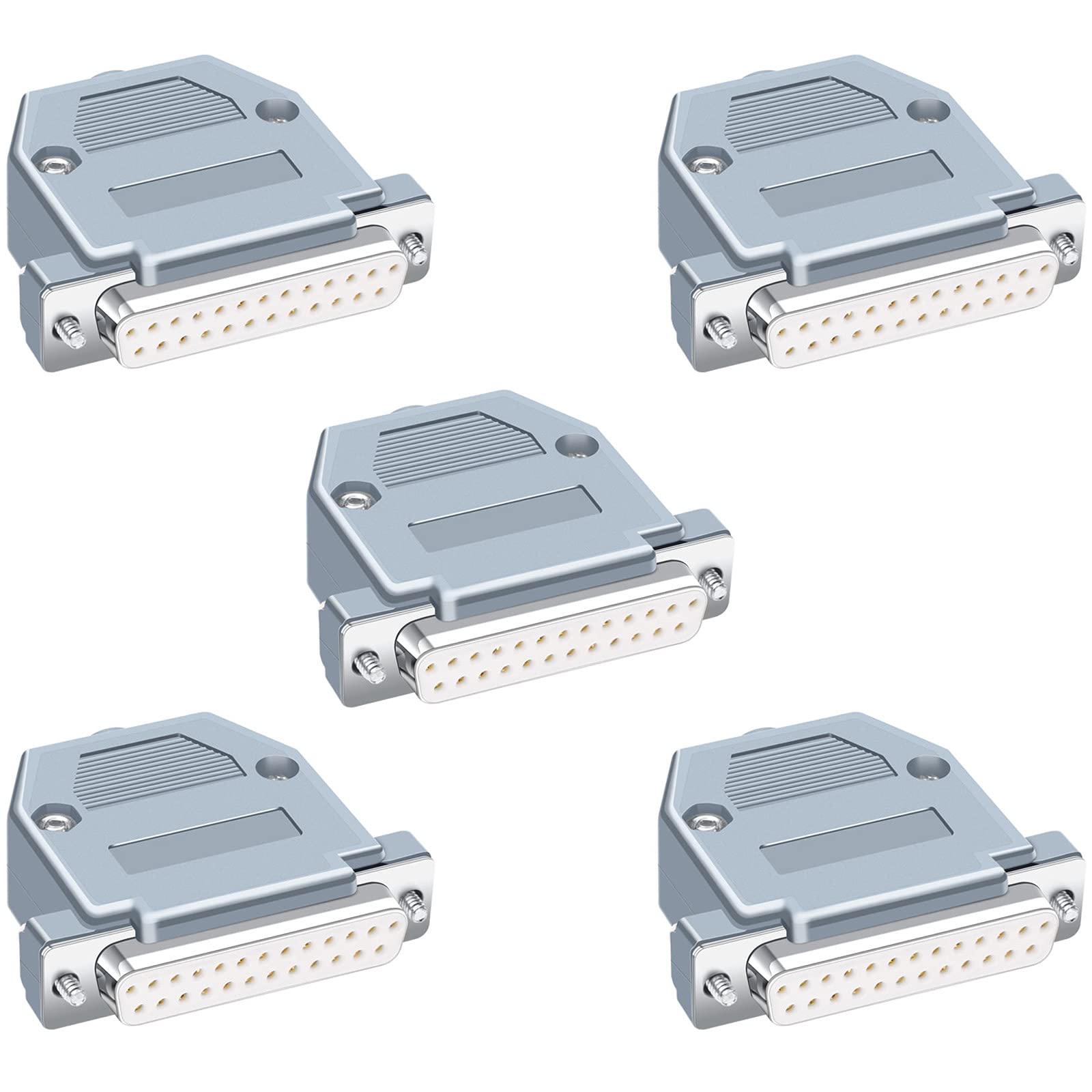 Jienk 5PCS DB25 RS232 D-SUB Serial Solder Cup Connectors Kit, Gold Plated Joints RS232 Serial Solder Type Port 25 Pin D Sub Couplers with Plastic Hoods, Strain Relief Grommet and Screws (Female)