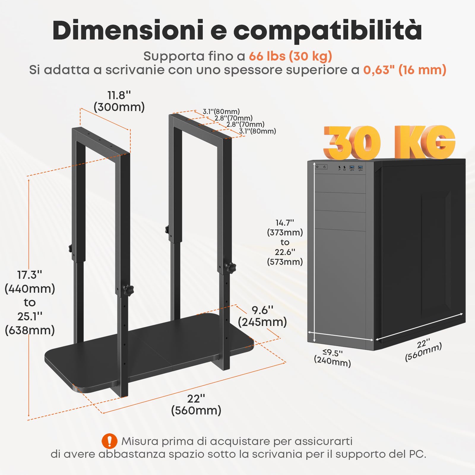 Supporto PC sotto scrivania, resistente e regolabile in altezza – Supporto per case PC, salvaspazio, capacità max 30 kg, Nero