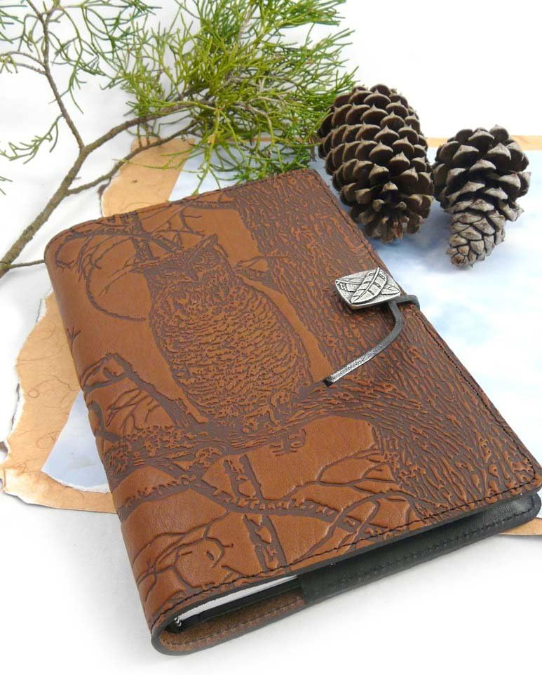 Modern Artisans Night Owl American-Made Embossed Leather Writing Journal Cover, 6 x 9-inch + Refillable A5 Hardbound Insert Book