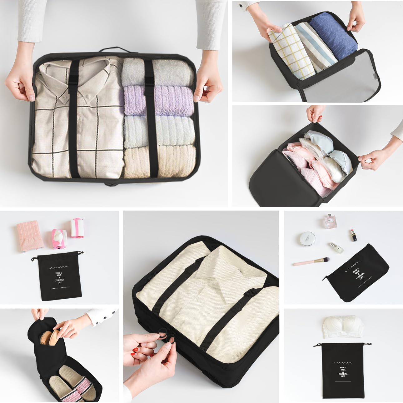 LANSKLBD 6/8 Set Packing Cubes for Suitcases Travel Luggage Packing Organizers,Travel Accessories Essentials Luggage Organizer with Shoe/Tioletry/Laundry Bag (Black, 8 set) view 4