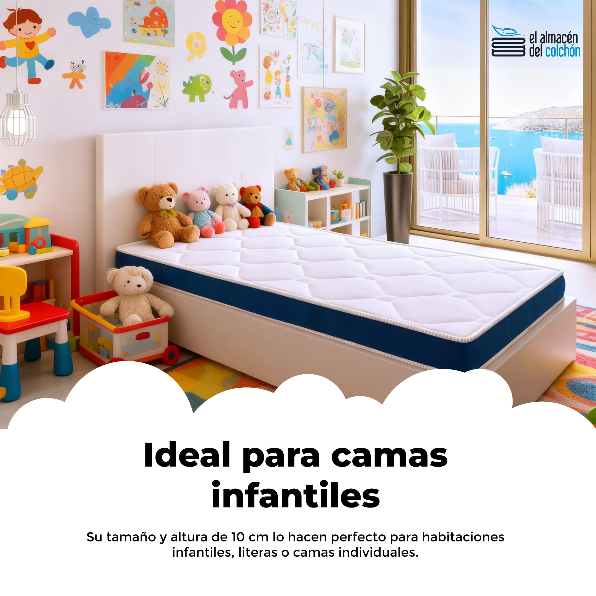 El almacén del colchón, Modelo Ten colchón Infantil 10cm con núcleo HR ECOPUR, Ideal para Uso Ocasional, Camas supletorias y niños - Transpirable y Ligero 90 * 200