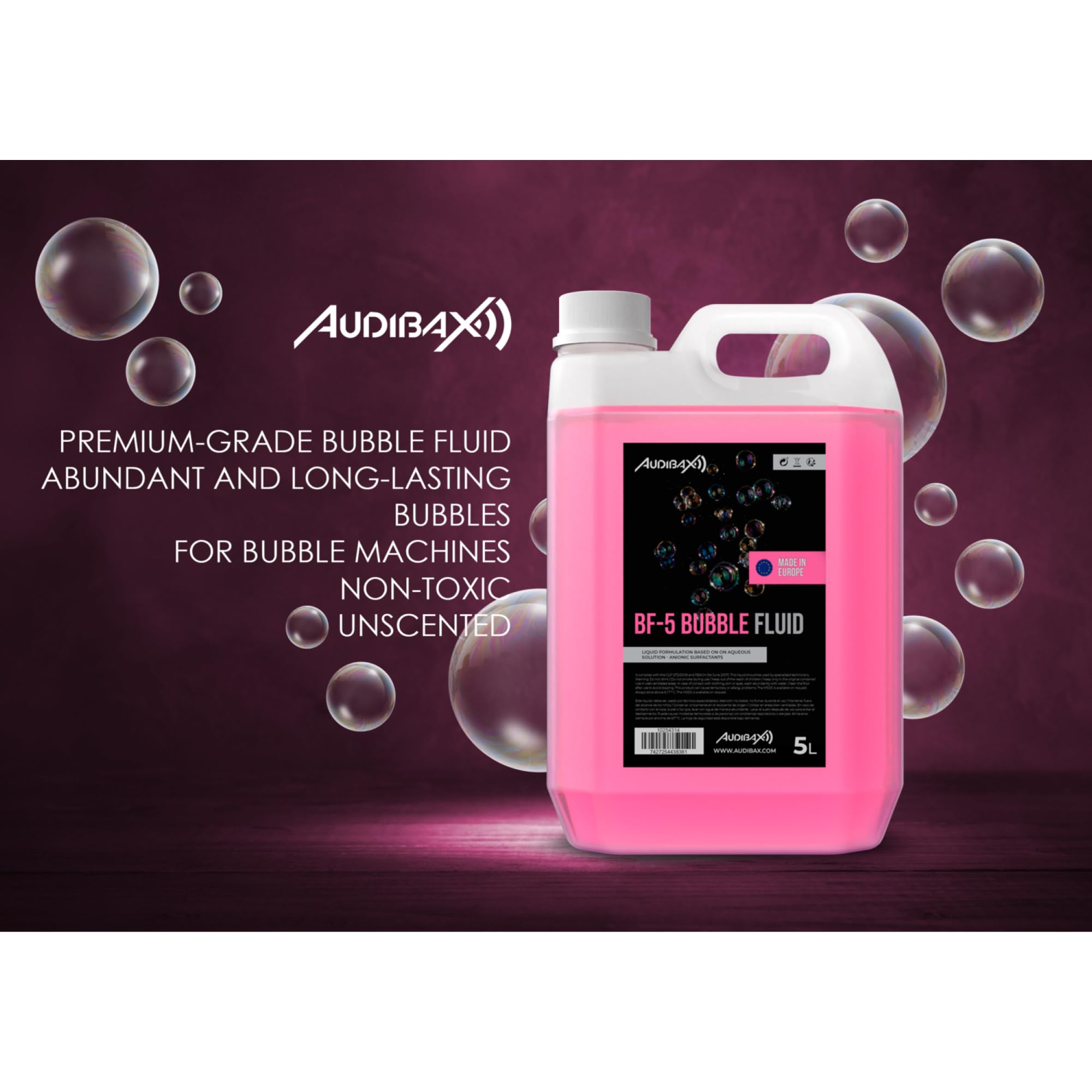 Audibax BF-5 Bubble Fluid - Liquido per Bolle per Macchina per Bolle da 5 Litri - Liquido Naturale - Sicuro per la Respirazione e Senza Sostanze Chimiche Pericolose - Cruelty Free