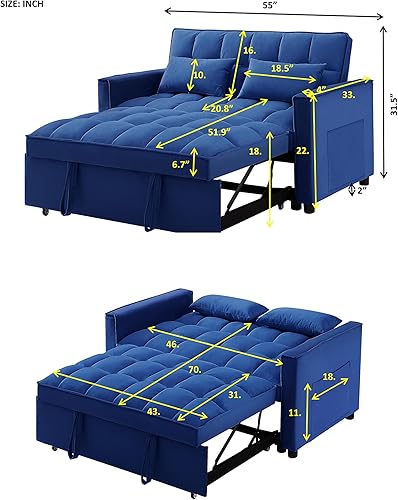 Miniatura 38 de Sofá cama biplaza de terciopelo convertible y moderno con cama desplegable, respaldo ajustable y 2 almohadas lumbares, para espacios pequeños (gris