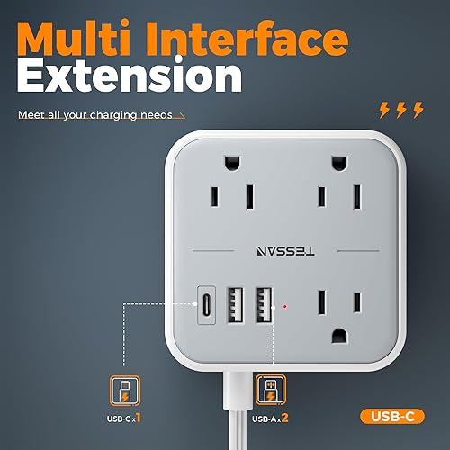 Miniatura 5 de TESSAN Cable de extensión plano ultradelgado de 5 pies, regleta de alimentación delgada con puertos USB (1 USB C), protector contra sobretensiones