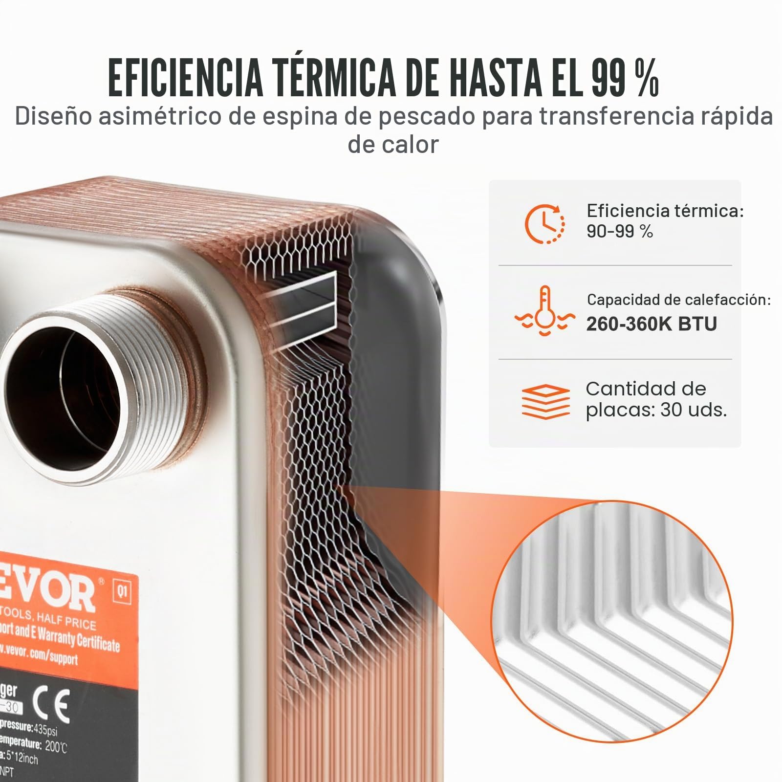 VEVOR Intercambiador de calor de 30 placas soldadas de acero inoxidable 316L de 5 x 12 pulgadas