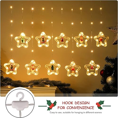 Miniatura 5 de BLOOMWIN Cortina de luces de Navidad para colgar en interiores, anillo de 10 estrellas con adornos de Navidad, control remoto USB, luces de ventana