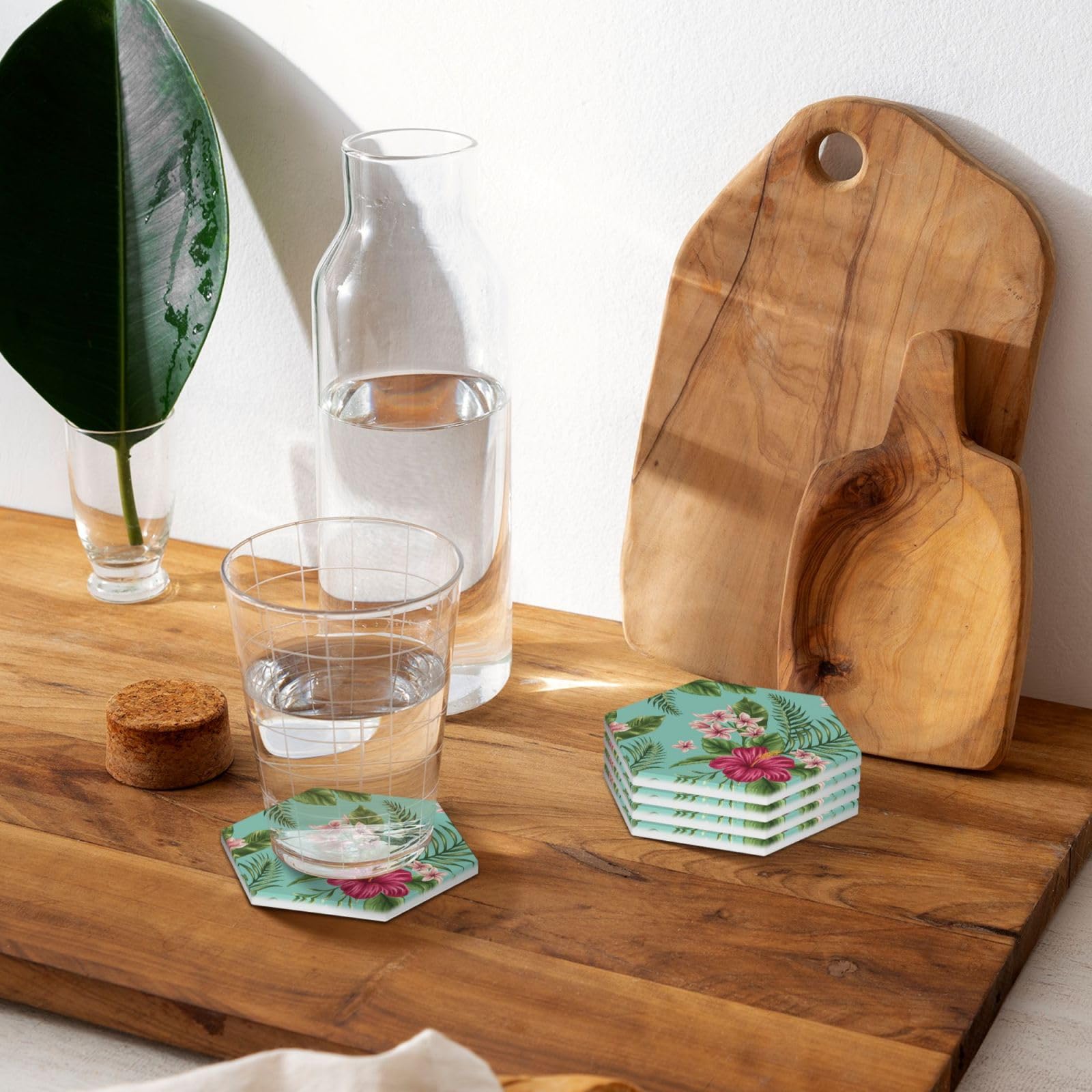 Lot de 4 dessous de verre décoratifs en céramique Motif feuilles tropicales hawaïennes